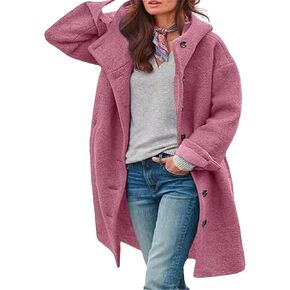 loveimgs Women Winter Casual Single Breasted Hooded Jacket Pea Coat Long Wool Coat Jacket Trench Coat Overcoat