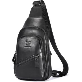Bullcaptain Mens Leather Sling Crossbody Bag Crasal Travel Chest Bags Backs with USB Charging Port
