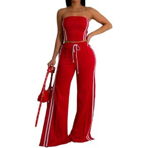 Yuopeid Womens Sexy 2 Piece Outfits Stripe Strapless Crop Tube Tops and High Waist Wide Leg Side Slit Pants Clubwear