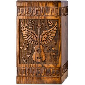Handcrafted Wooden Cremation Urn for Human Ashes - Guitar Wings of Angel with Musical Notes, 250lbs Capacity - Suitable for Burial for Men, Women, Mom, Dad - Decorative Funeral Urn Box and Casket