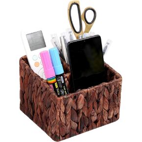 Water Hyacinth Remote Control Holder Wicker Makeup Brushes Holder,Remote Control Holder Caddy with 3 Compartments,Desktop Accessories Organizers for Home,Bathroom,Office
