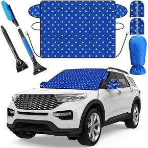 Tallew 5 Pcs Windshield Cover for Ice Kit Winter Windshield Snow with Side Mirror Cover Ice Snow Scraper, Brush and Glove Waterproof Frost Removal Guard Wiper Protector