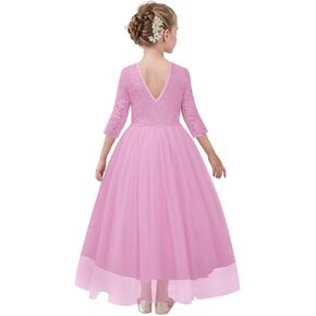 LQSZ Girls Dress V-Back Tutu Mesh Lace Flower Princess Formal Dresses for Wedding Birthday Party Dance
