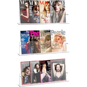 HBlife 17 Inch 2 Pack Clear Acrylic Magazine Holder, Wall Mounted Floating Bookshelf, Brochure Display Rack for Office, Living Room, Waiting Room, Nursery, Home Storage