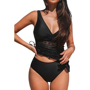 CUPSHE Women's Tankini Sets Surplice V Neck Two Piece Bathing Suits Adjustable Straps Cutout Swimwear Drawsrting