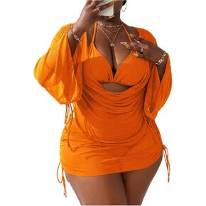 SOLY HUX Women's Plus Size Sexy 4 Piece Swimsuits Halter Bikini Sets with Drawstring Long Sleeve Cover Up Bathing Suit