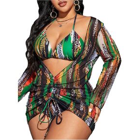 SHENHE Women's Plus Size Leopard Swimsuits 3 Pieces Halter Triangle Bikini Set with Cover Up