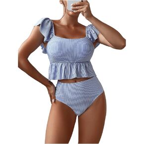 SOLY HUX Women's Ruffle Trim Swimsuits Striped Tankini Set High Waisted Two Piece Bathing Suits