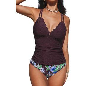 CUPSHE Women's Tankini Sets Scalloped V Neck Two Piece Swimsuit Crisscross Dual Strappy Adjustable Mid Rise Bottom