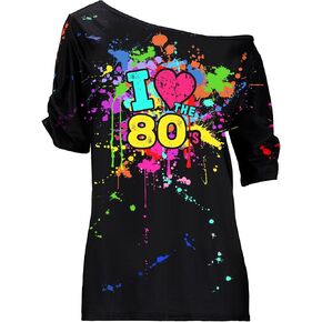 Coume 80s Costume Outfit for Woman Love off the Shoulder T Shirts Novelty Neon Top Clothes for Costume Mid Sleeve Length(5XL)