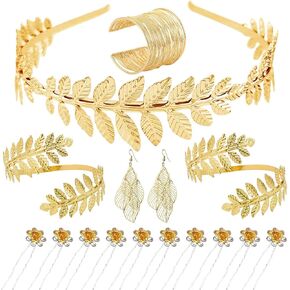 16 قطعة إكسسوارات أزياء الإلهة اليونانية وضعت عصابة رأس أوراق الإلهة ، Armlet ، أقراط ، لوريل يترك رأس الرأس الذهب تاج للنساء ملحقات الزفاف