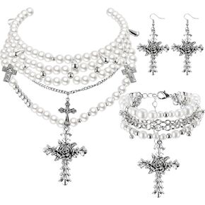Tondiamo 3 Pcs Pearl Cross Necklace Gothic Jewelry Set for Women Goth Earrings Bracelet Layered Y2k Choker Costume Accessories (Classic Pearl)