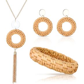 Yinkin 3 Pcs Rattan Necklace Earrings Bracelet Set Includes Dangle Earring Handmade Wicker Braid Bangle Bracelet Statement Rattan Bangle Long Tassel Pendant Necklace Lightweight Boho Jewelry for Women