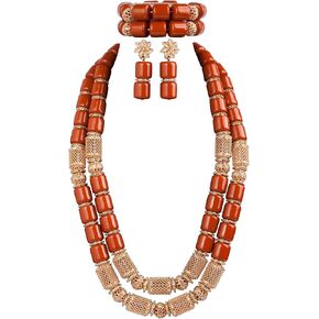 Nigerian Wedding African Beads Jewelry Set Women Imitation Coral Bead and Gold Accessorise 23.5 Inch Long Necklace Earrings and Bracelets