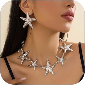 Starfish Choker Necklace and Earring Set for Women, Unique Jewelry Design, Gold/Sliver Starfish Necklace & Earrings for Beach and Party Looks