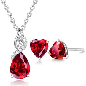 FANCIME Mothers Day Gifts 14K White Gold Ruby Teardrop Necklace/Heart Earrings for Mom Women Wife
