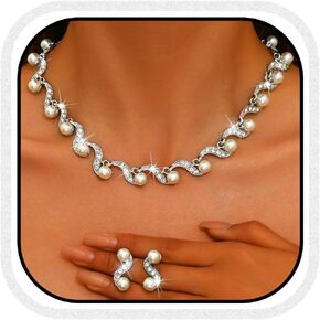 Unicra Gold Pearl Bridal Wedding Jewelry Set Rhinestone Necklace Earrings Sets Formal Prom Costume Jewelry Sets for Women and Brides