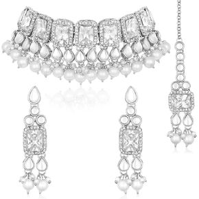 Aheli Traditional Faux Stone Nekclace Earrings Maang Tikka Bollywood Wedding Party Jewelry Set Gift for Women