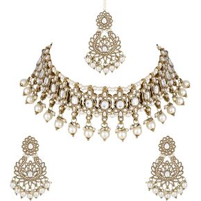 I Jewels Gold Plated Indian Wedding Bollywood Kundan Pearl Drop Drop Ncker Necklace Jewelery with arocks & Maang Tikka for Women (K7276)