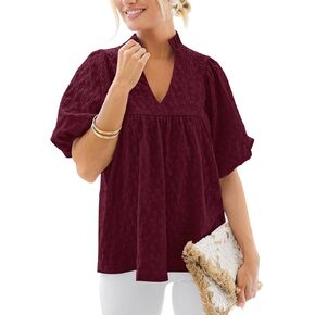 Mascomoda Womens Summer Tops 2025 Ruffle v Neck Blouses Lourd Soure Short Sleeve Jacquard Babydoll Tops Tops Disual Dary Thirts