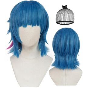 شعر مستعار زرقاء قصير مع الانفجارات للعبة Cosplay Blue Cosplay مع أبرز ما في النساء القصيرة الأزرق المربحي في Halloween الزي الأزرق الأزرق الباروكة للملابس الحفلات+Cap Cap