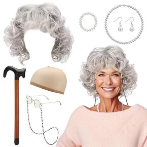 sanderala Old Lady Costume Grandma Granny Short Curly Wig Faux Pearl Necklace Glasses Eyeglass Chains Great for 100 Days of School Cosplay Halloween Party