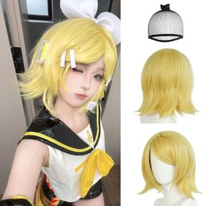 joneting kagamine rin wig 【+cap hair】 النساء القصير الشقراء المتموج الباروكة الأصفر مع الانفجارات طول الكتف الشعراء شعر أصفر قصير لوزنه الهالوين زي الطرف الزي ملابس