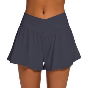 Womens Crossover Athletic Shorts Wide Waistband Flowy Tennis Sports Skorts with Pockets