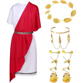 Yewong Kids Grecian Toga Costume Set Roman Robe Crown Sandals Armband Set for Halloween Birthday Cosplay