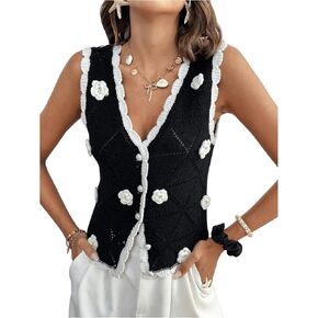 Makemechic Women 3D Flower V Bruck Button أسفل سترة سترة أكمام أكمام أسقلوب متماسكة أعلى
