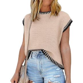 Women's Oversized Lightweight Cute Cap Sleeve Sweater Vest Spring 2025 Trendy Contrast Color Crewneck Thin Knit Top in Kuwait
