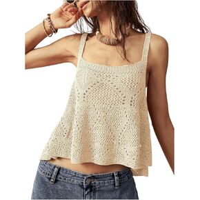 MakeMeChic Women's Crochet Square Neck Cami Top High Low Sleeveless Knit Sweater Tops