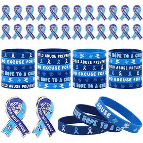 Wehhbtye 48 Pcs Child Abuse Awareness Pin and Bracelet, Blue Ribbon Zinc Alloy Lapel Pins for Kid, Child Abuse Prevention Awareness Silicone Wristbands for Support Fundraising Charity Event Supplies