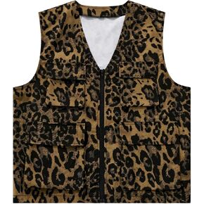 Verdusa Men's Leopard Print Zip Up Cargo Vest Sleeveless V Neck Jacket Outerwear