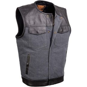 Milwaukee Leather MDM3005 Men's Brute Grey Denim w/Black Perforated Leather Club Style Vest w/Hidden Dual Closure