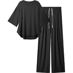 difficort Womens 2 Piece Outfits Short Sleeve Lounge Sets Wide Leg Workout Sets Loungewear Tracksuits with Pockets