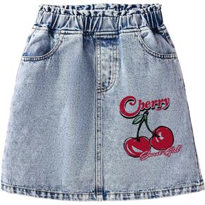 Girl's Cherry Print Denim Skirt Y2k Elastic Waist A Line Cute Jean Skirts with Pocket