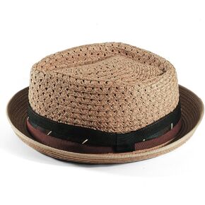 Men's Diamod Shape Porkpie UPF 50+ Sun Straw Hats with Short Brim Derby Pinch Fedora Upturn Brim