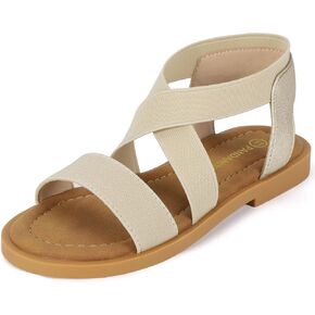 PANDANINJIA Girls Sandals Slip-on Elastic Ankle Cross Strappy Gladiator Dress Sandals Flats Summer Shoes Little Big Kids Sandals