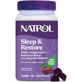 Natrol Sleep + Restore Magnesium Glycinate Gummies with Melatonin 5mg - Calm Magnesium with GABA, Botanical Blend, Cherry Flavor, 60 Gummies