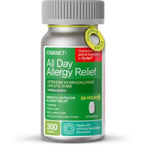 Cabinet: Cetirizine Hcl 10mg Allergy Relief Tablets | Non-Drowsy Antihistamine for 24-Hour Indoor & Outdoor HSA/FSA | 300 Count | Aluminum Bottle