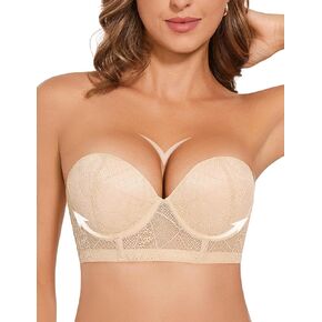 Strapless Push Up Bra for Women Padded Underwire Support Convertible Lace Longline Bombshell Bras
