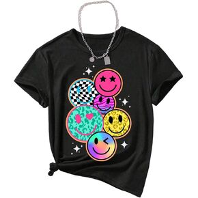 Floerns Girl's Smiling Face Graphic Crew Neck T Shirt Short Sleeve Casual Cute Tee Top