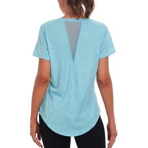 Women's Long Workout Tops,Short Sleeve Dry-Fit Back Mesh Open Back Loose Fit Gym Athletic Running Shirts Tee