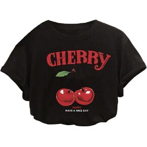 Girl's Graphic Tees Cherry Letter Print Short Sleeve T Shirts Crewneck Summer Tops
