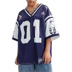 Verdusa Girl's Vintage Oversized Jersey Shirts Colorblock V Neck Half Sleeve Number Graphic Tees