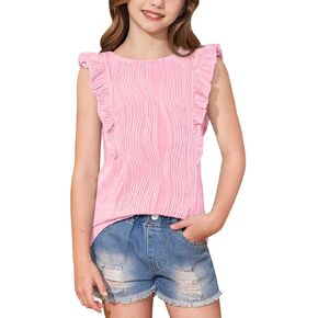 BesserBay Girls Ruffle Short Sleeve Top Textured Crew Neck Slim Summer Blouse 6-14 Years