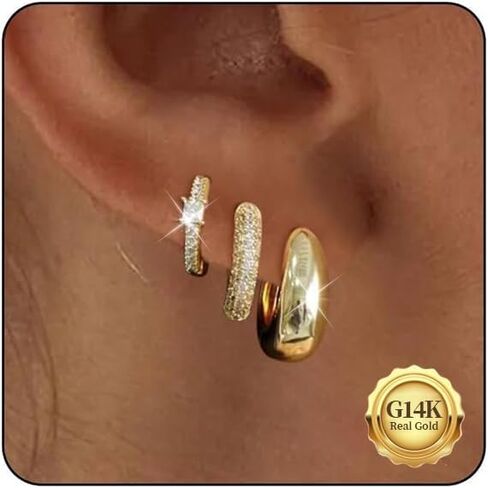 Gold Hoop Earrings Set for Women - 14K Gold Plated Small Hoops, Chunky Thick Earrings, Trendy Huggie Hoops in Saudi Arabia
