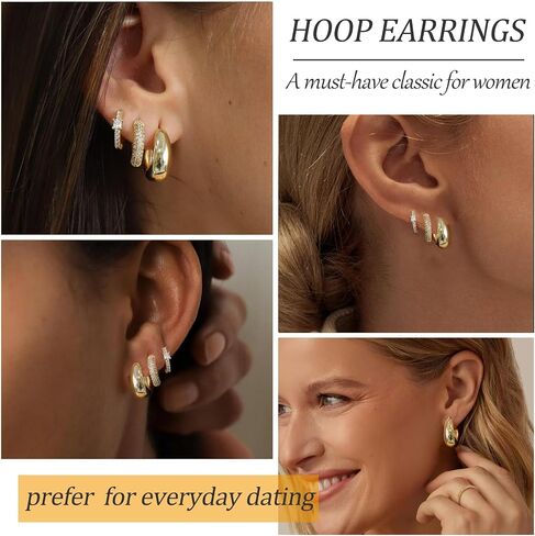 Gold Hoop Earrings Set for Women - 14K Gold Plated Small Hoops, Chunky Thick Earrings, Trendy Huggie Hoops in Saudi Arabia