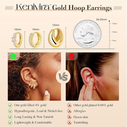 Gold Hoop Earrings Set for Women - 14K Gold Plated Small Hoops, Chunky Thick Earrings, Trendy Huggie Hoops in Saudi Arabia